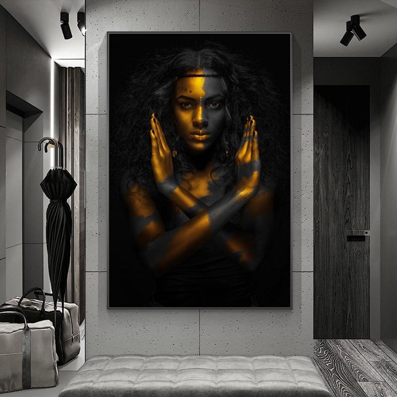 African Gold Sexy Nude Woman Canvas Paintings On The Wall Art Posters and Prints Black Girl Canvas Art Pictures for Living Room
