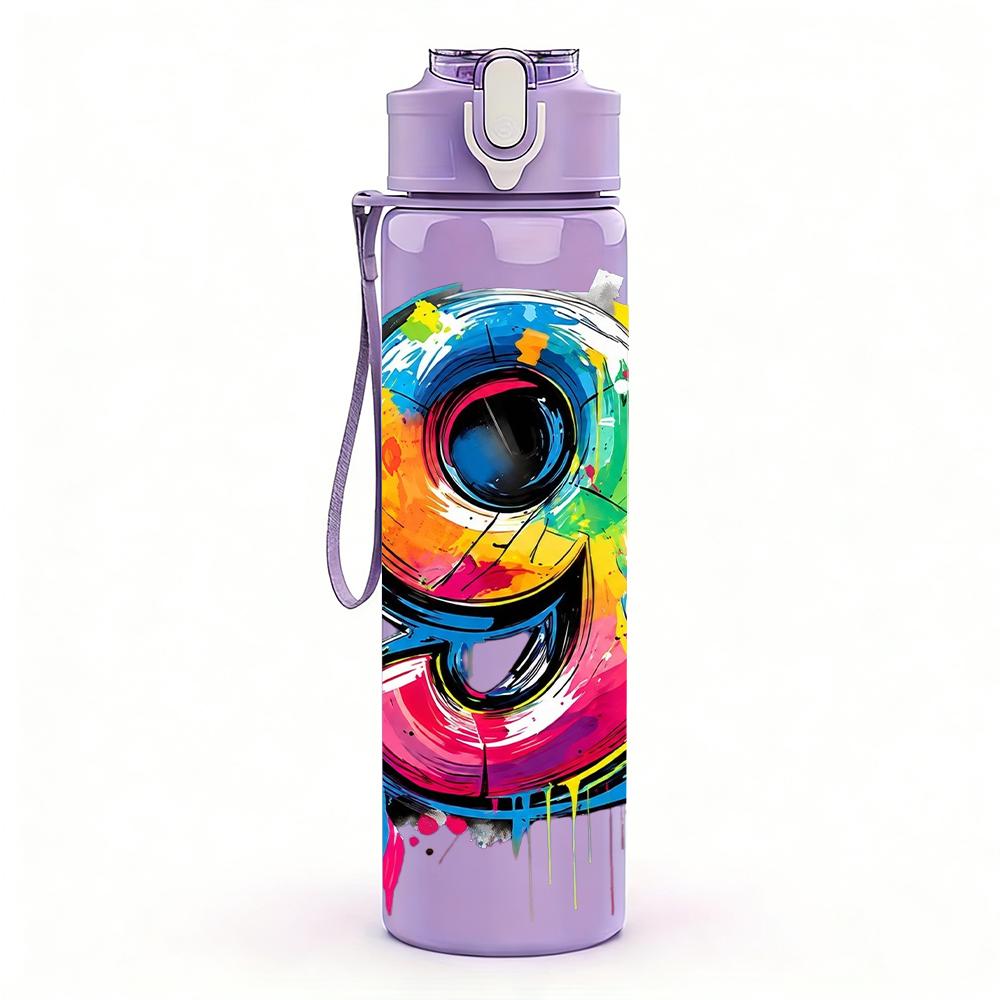 1PC Splash Color Large Number Nine Art 750ml Color Plastic Water Bottle Leakproof Flip Straw Lid For Sports Office Home Use