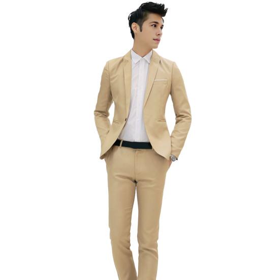 2 stk/sett herre Slim Fit draktsett jakkeslag Langermet enkeltknappsdrakt kåpe Langbuksesett i ensfarget forretningsantrekk