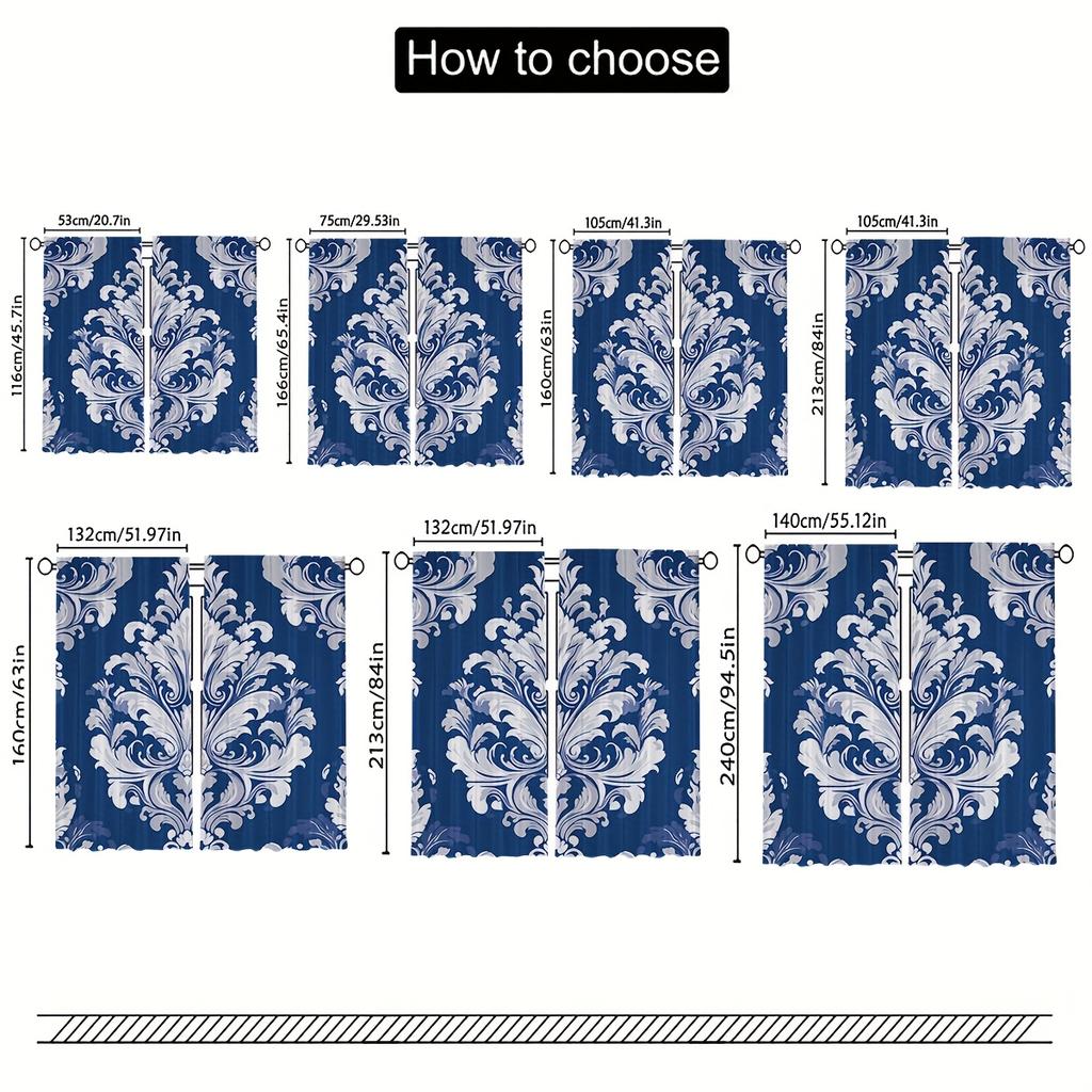 Elegant Navy Blue White Damask Pattern Curtains Drapery Soft Gray Background Luxurious Design Details Perfect Set Of 2 Made Polyester