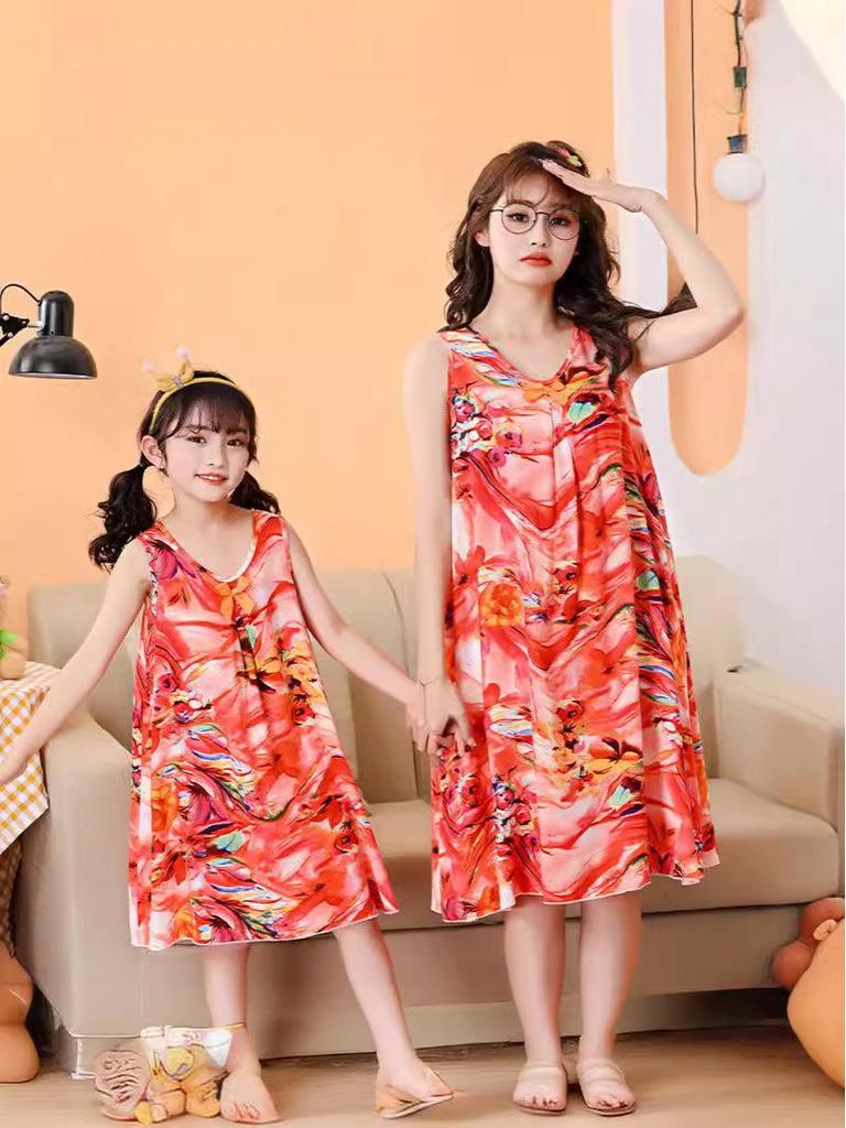Mother-Daughter Cotton Silk Sleeveless Nightgown for Girls: Wide Shoulder Home Dress