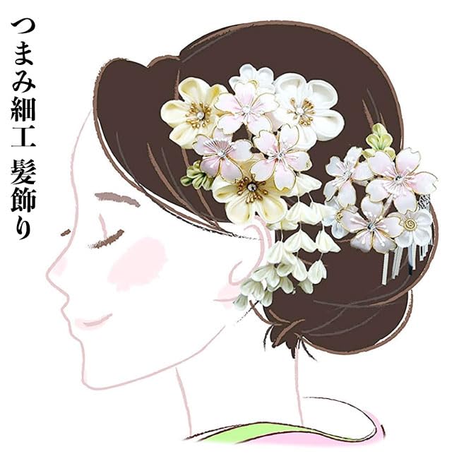 hair ornament set for furisode graduation and Japanese fabric flower Silver Cream Two-piece kimono, coming-of-age ceremony, ceremony, Shichi-Go-San