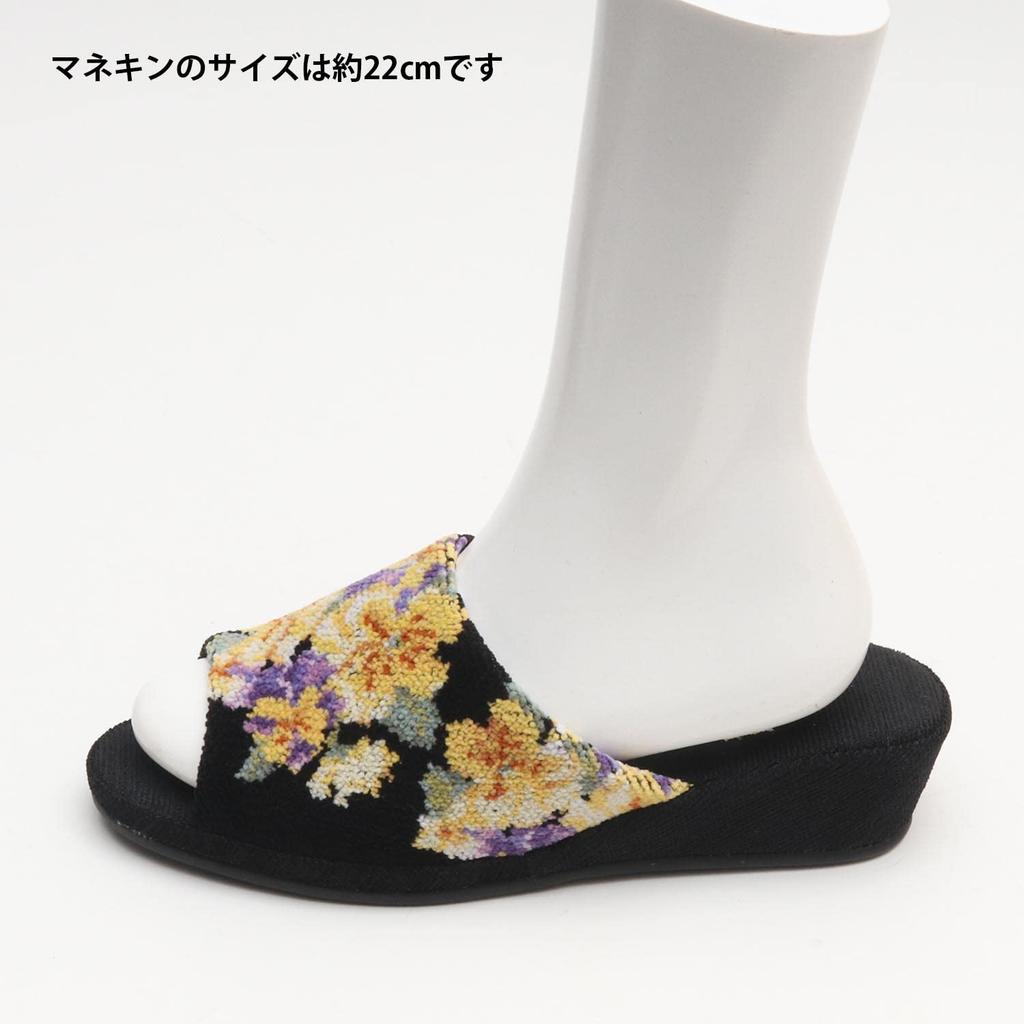 Made In Japan Chenille Pansy Print Pantaloon Slippers Room Heeled [Heeled Sandals, Shoes, Slippers] (Black)