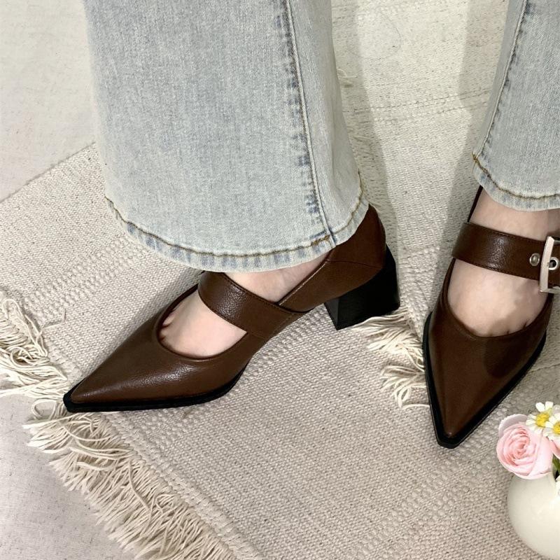 2025 spring and autumn new retro pointed Mary Jane small leather shoes British and Korean version loafers thick heels children
