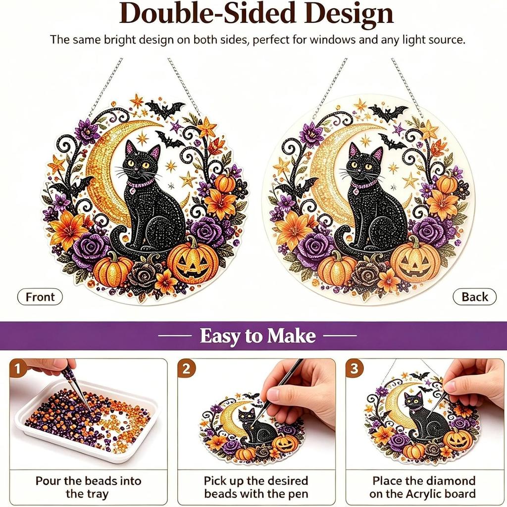 Halloween Black Cat Moon 5D Diamond Art Hanging Ornament Kit Double Sided