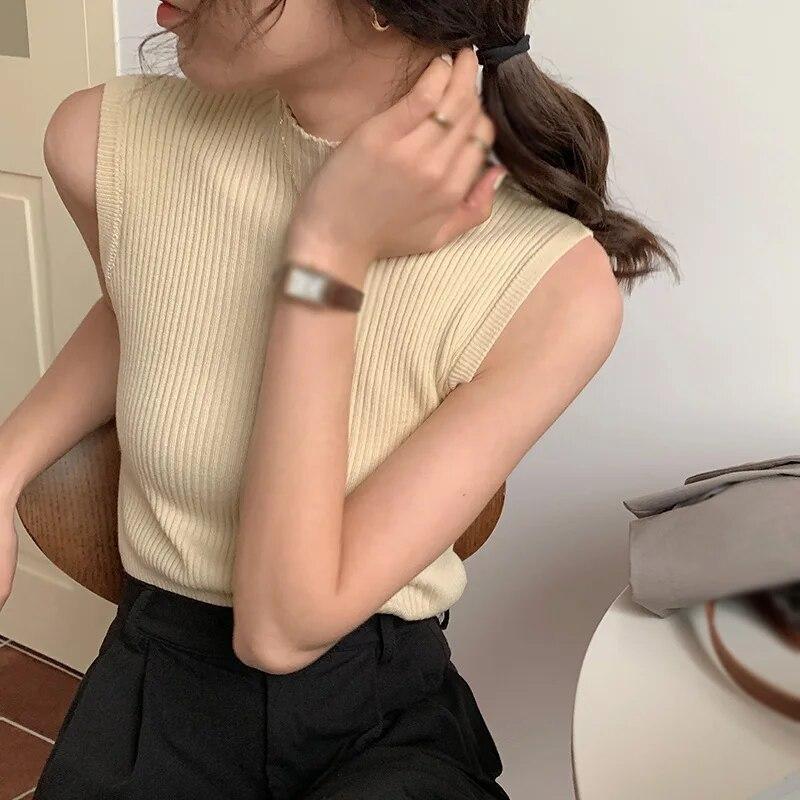 Ženy Jednoduchá vnitřní základna Pletená vesta Small Sling Wear Retro Oblek s odpovídající chutí Top Bez rukávů