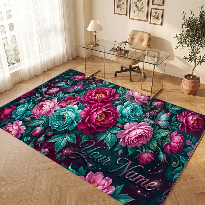 Floral Garden Theme Soft Crystal Velvet Rug Custom Name & Text Print Non Slip Floor Rug for Bedroom Living Room