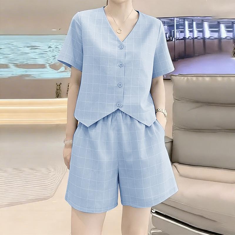 ZANZEA Women Short Sleeve Blouse and Shorts Plaid Print Casual Two Piece Suit Sets