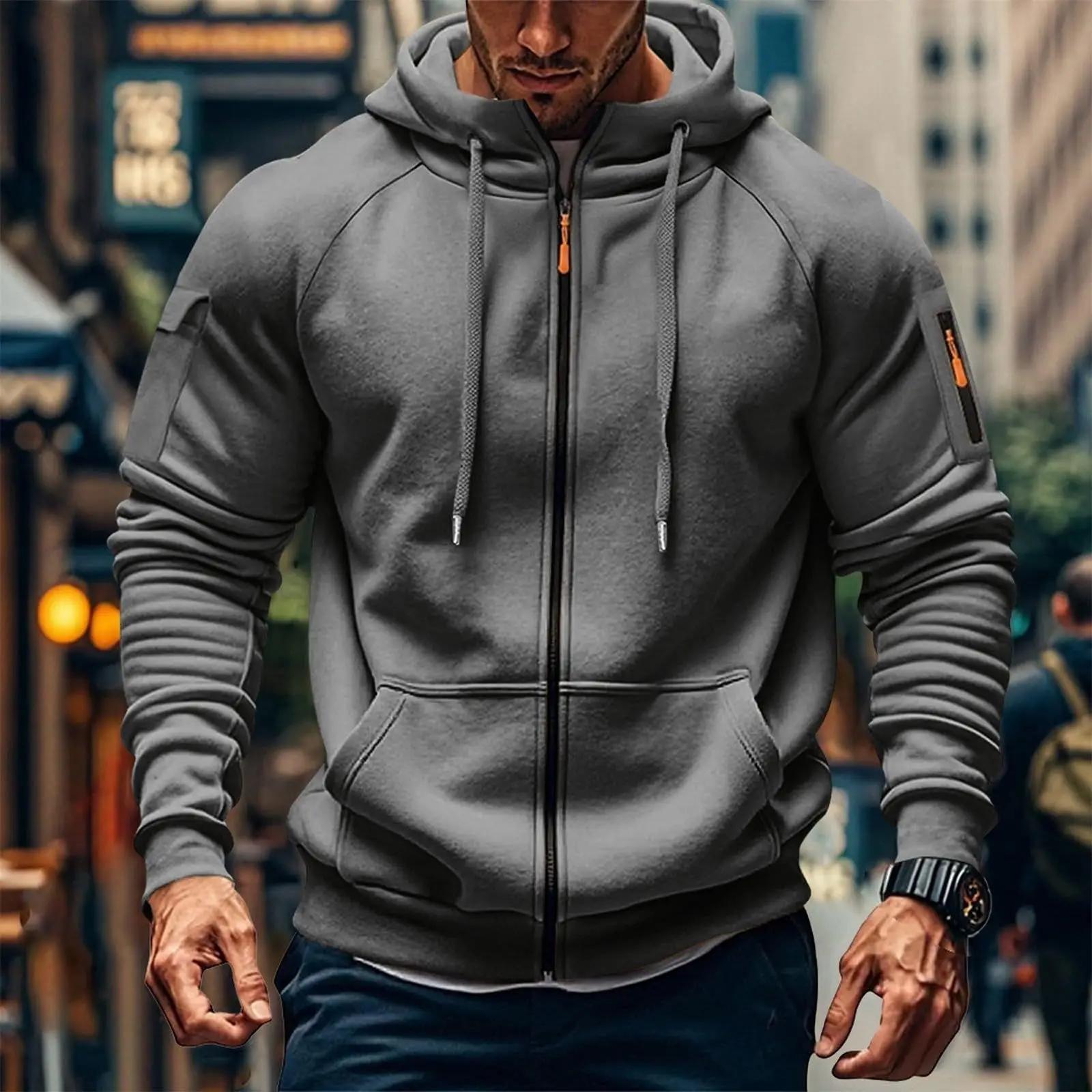 

Men s Zip Up Hoodie Solid Color Long Sleeve Hooded Sweatshirt Casual Loose Fit Basic Outerwear Male Daily Streetwear Coat M темно серый