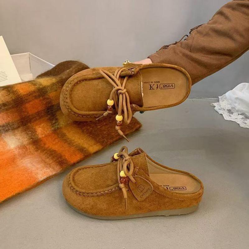 Retro Beaded Baotou Boken Half Slippers Autumn New One-pedal Thick-soled Literary and Versatile Slippers