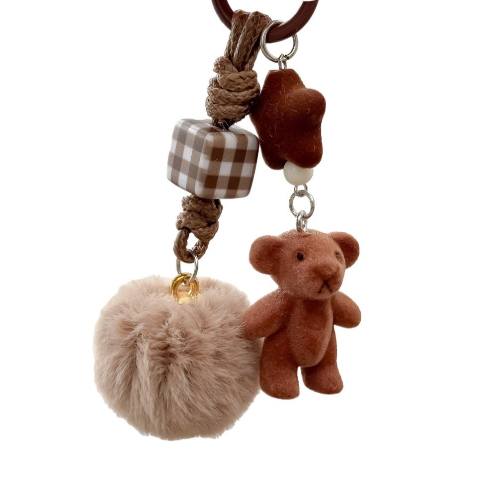 Korean-style Ins Cute Bear Pendant, Flocked Puppy Car Key Pendant, Handmade Braided Rope Pendant, Fur Ball Bag Pendant