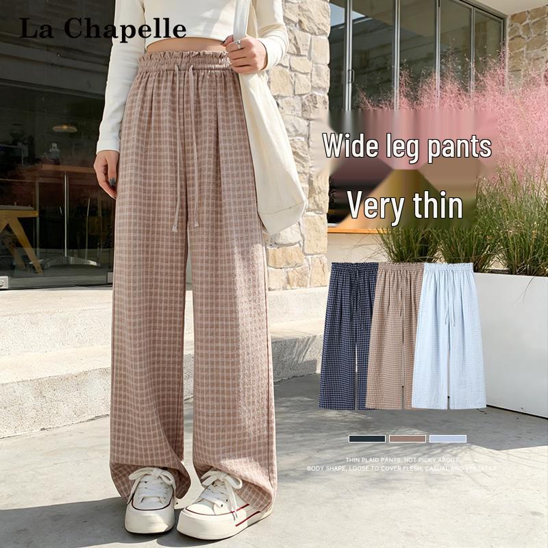 La Chapelle Women s Korean Style Plaid High-Waist Wide-Leg Pants M