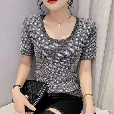 Sommer Streetwear Mädchen Luxus Hot Drill Slim Fit T-Shirt Mode Temperament O-Ausschnitt Kurzarm Glänzende Diamanten Damen T-Shirts Tops