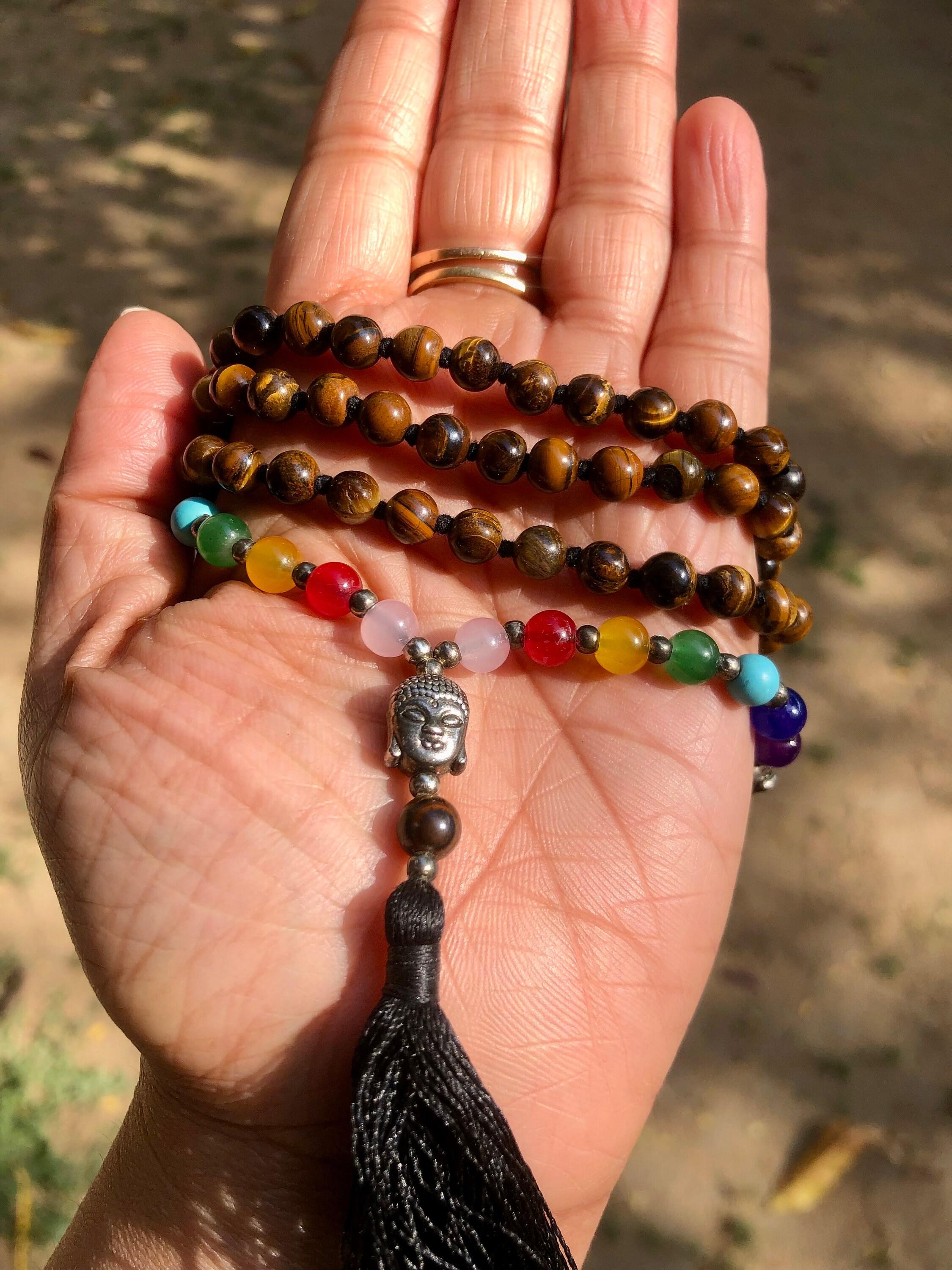 6 mm Rnd 108+1 Beads Original Tigers Eye + 7 Chakra Jaap Rosary, Japa Mala, Healing, Healing Gem Stones, chakra balancing One Size
