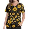Women Floral Print V Neck Scrub Top with Pockets Side Slits Short Sleeve Medical Uniform Shirt for Healthcare Professionals