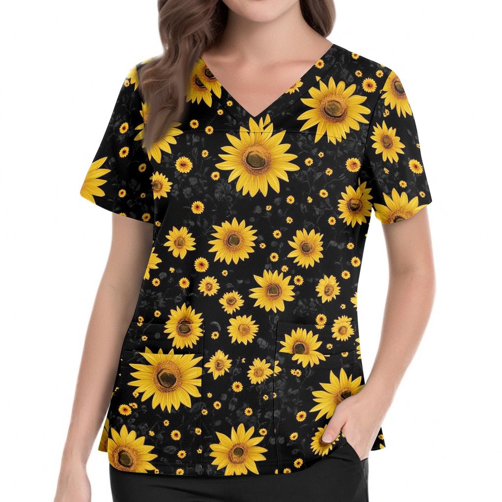 Women Floral Print V Neck Scrub Top with Pockets Side Slits Short Sleeve Medical Uniform Shirt for Healthcare Professionals