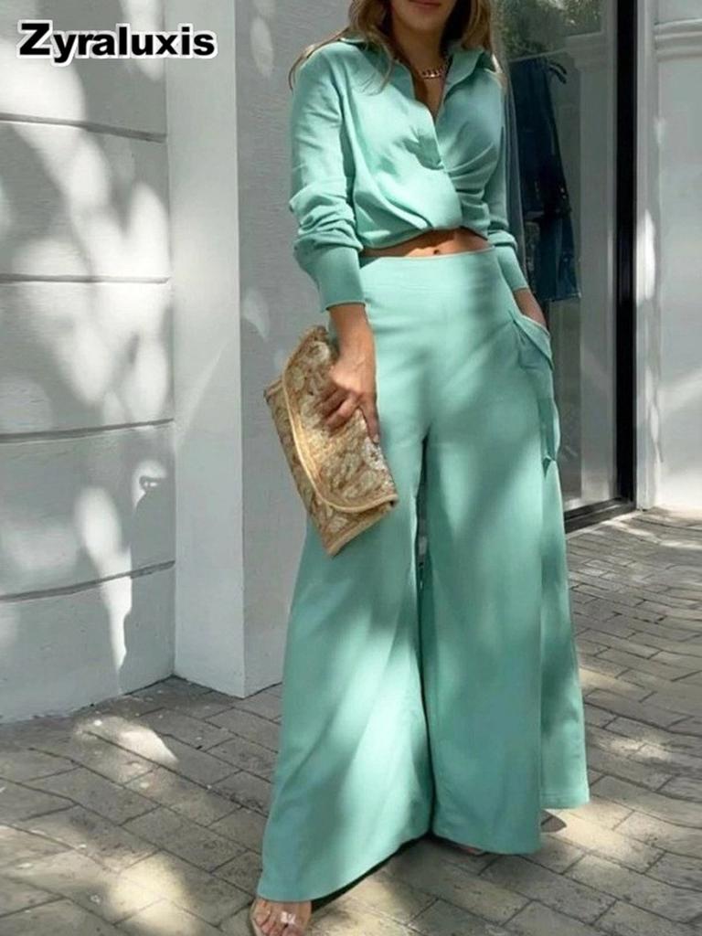 Women's New Style Temperament Solid Color Long Pants V-Neck Blouse Set Multi-Color