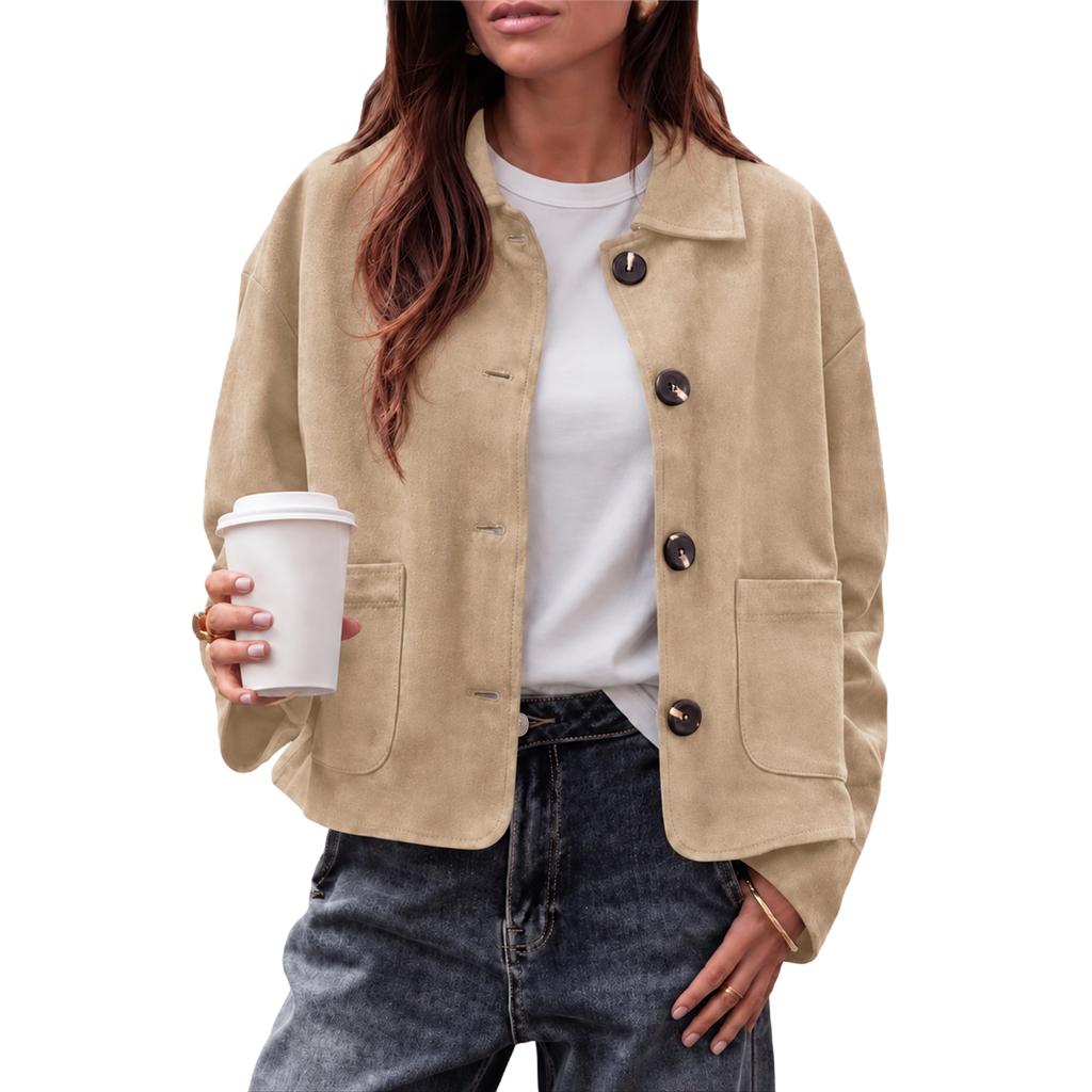 Damen Vintage Cropped Jacke mit Reverskragen Große Taschen Lockerer Drop-Shoulder Schnitt Freizeit-Oberbekleidung
