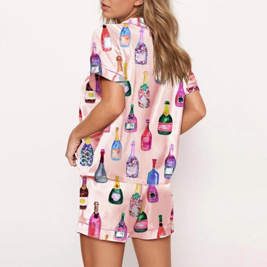 2Pcs/Set Pajamas Set Women Loungewear Sleepwear Button Closure Lapel Short Sleeve Casual Print Pajamas