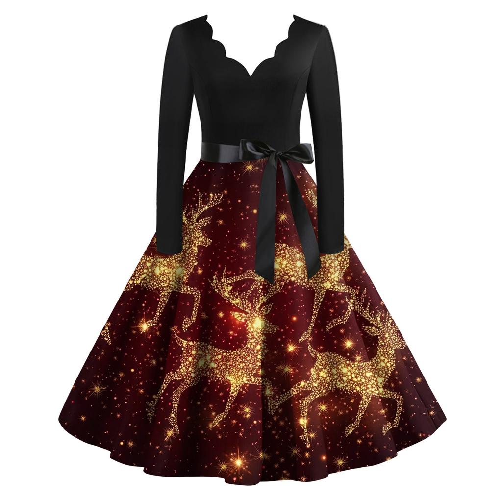 Women's Casual Fashion Christmas Printed V-Neck Vintage Dress