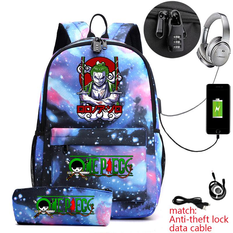 One Piece Zoro Print Anti Theft School Backpack Student Bookbag with Pen Case for Kids Teens