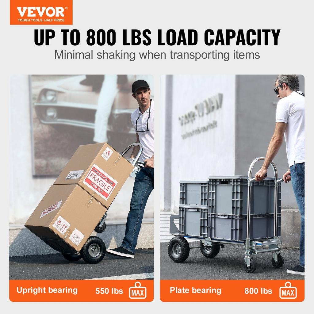 Aluminum Hand Truck, 2 in 1, 800 lbs Load Capacity, Heavy Duty Industrial Convertible Folding Hand Truck and Dolly, Utility Cart Converts from Hand