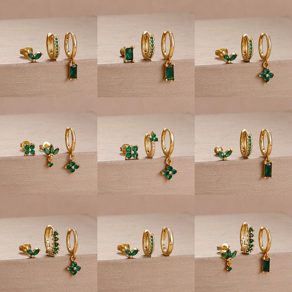 3PCS 12 Styles Green Cubic Zirconia Flower Pendant Earring Set For Women Stainless Steel Round U-Shape Hoop Earring Jewelry