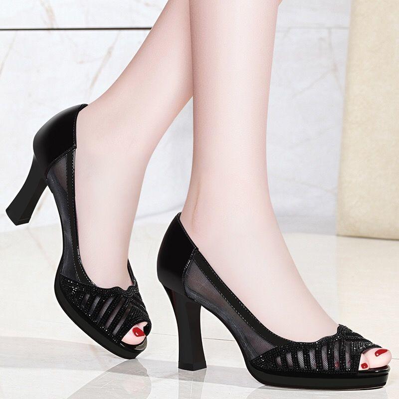 Coarse heel sandals women's 2025 spring and summer new Korean version fashion fish mouth mesh high heel sandals waterproof table women's shoes