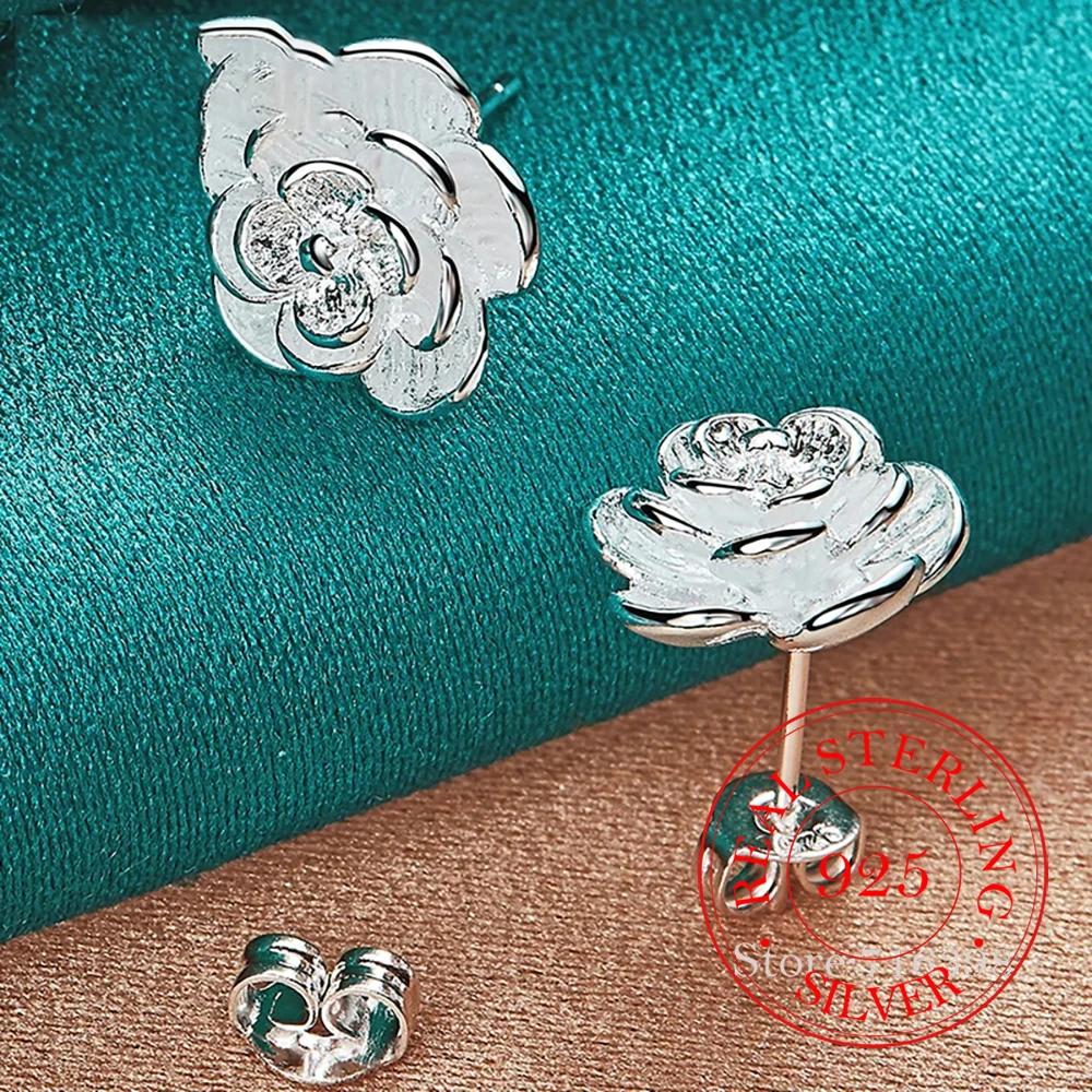 925 Silver Rose Flower Stud Earrings For Woman Girls Kids Fashion Wedding Engagement Part Jewelry Gift