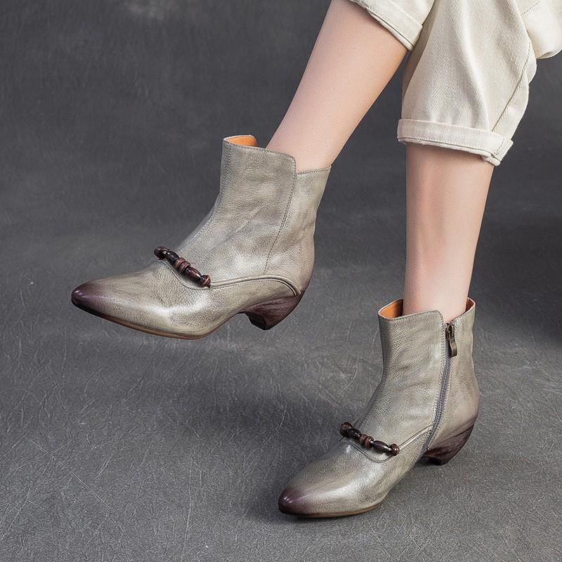 Johnature Genuine Leather Pointed Toe Ankle Boots Fashionable Versatile Mid Heeled Women's Shoes