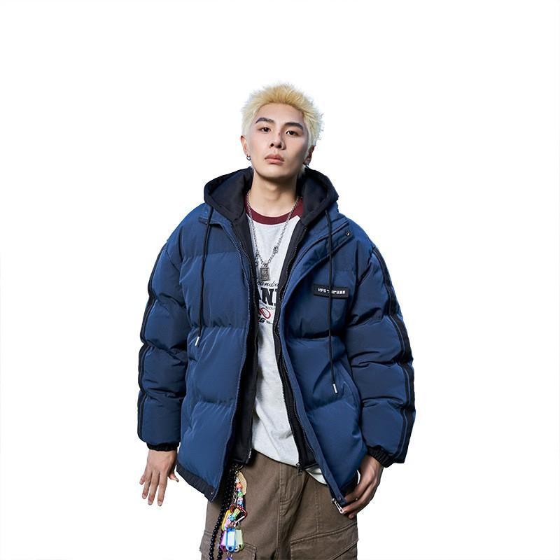 Mens Striped Color Block Outdoor Padded Jacket Warm Hooded Fake Two Piece Coat