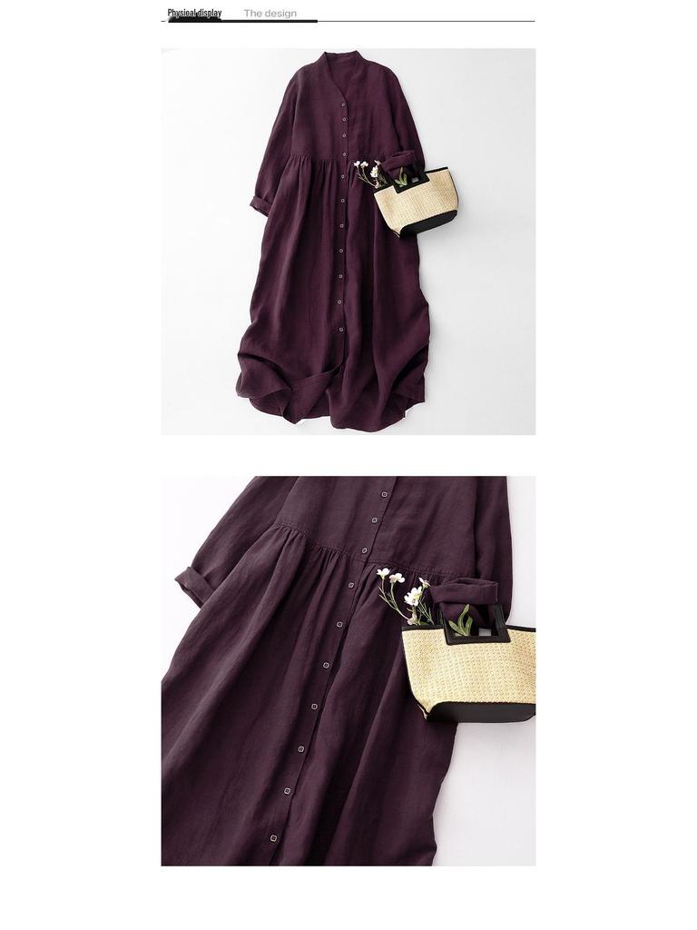 2025 Wiosna/Jesień Damska Bawełniana Lniana Sukienka z Dekoltem w Serek w Kolorze Klawretowym z Otwartym Przodem Dwuwarstwowa z Długim Rękawem Wyszczuplająca