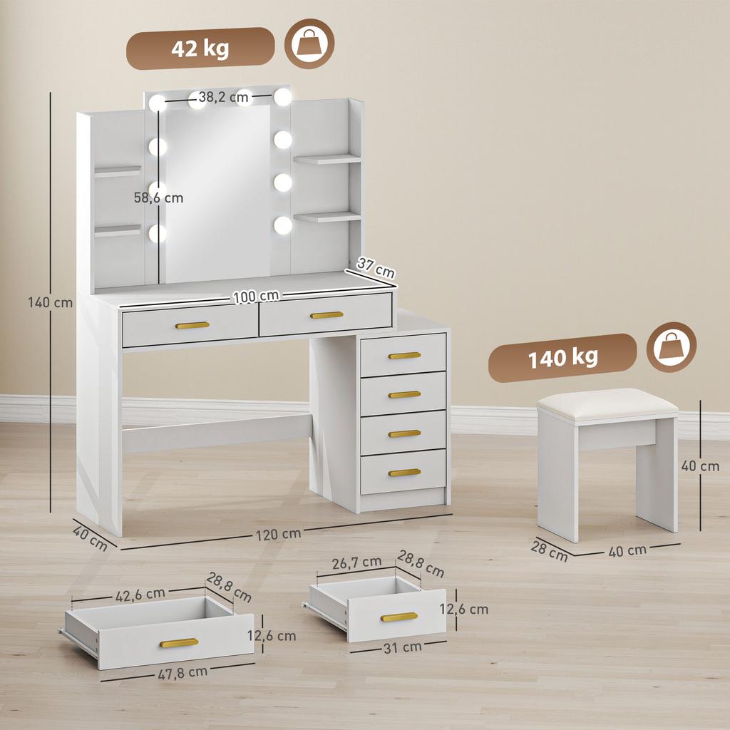 Vanity Table with Illuminated Mirror and Padded Stool, Vanity Set with 6 Drawers and Shelves, White