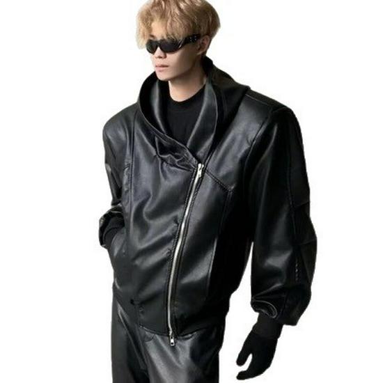 Men's Deconstructed PU Leather Hooded Jacket - Autumn/Winter 2025, Loose Scimitar Sleeve Design
