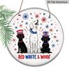 2D Flat, 1pc Round Aluminum Hanging Sign - "Red White & Woof" Patriotic Dog Firework Metal Wall Art, Cute 4th of July Labrador Decor for Dog Lovers