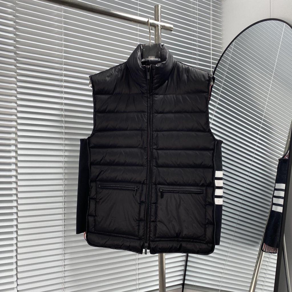 Men's Sleeveless Stand Collar Down Vest Jacket with Waist Stripes