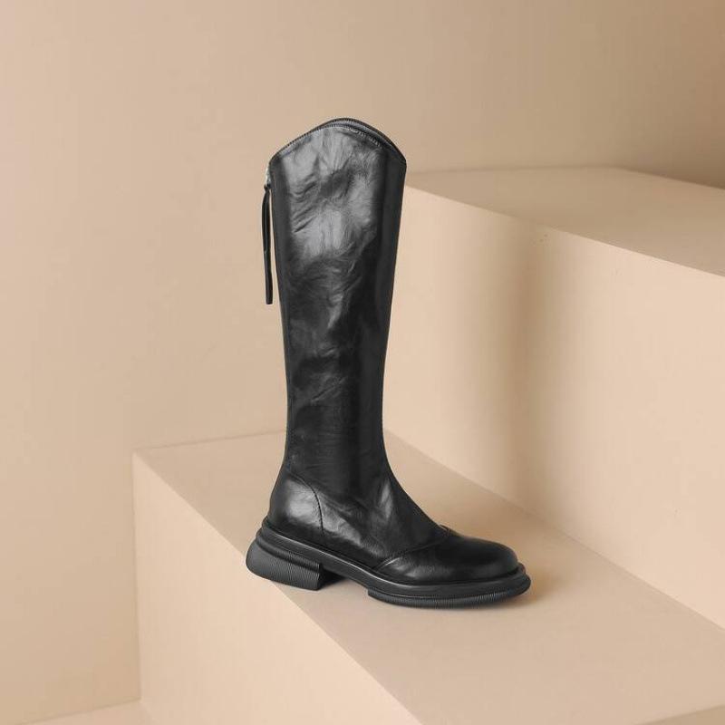 

Autumn and winter leather high boots thick-soled large-size women s boots non-slip medium heel round head Korean version square heel comfort 39