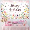 Wildflower Background Happy Birthday Backdrop Spring Flower Theme Party Supplies Kids Friends Baby Shower Party Decoration