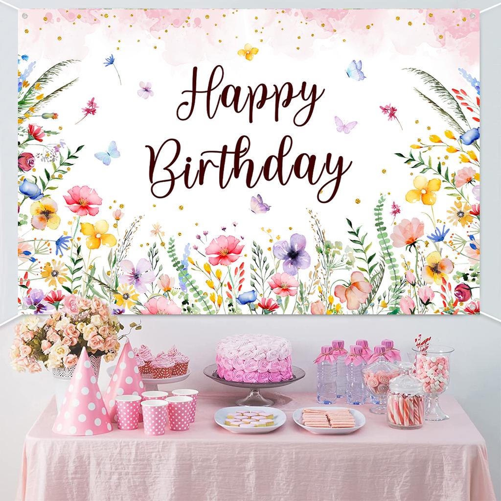 Wildflower Background Happy Birthday Backdrop Spring Flower Theme Party Supplies Kids Friends Baby Shower Party Decoration