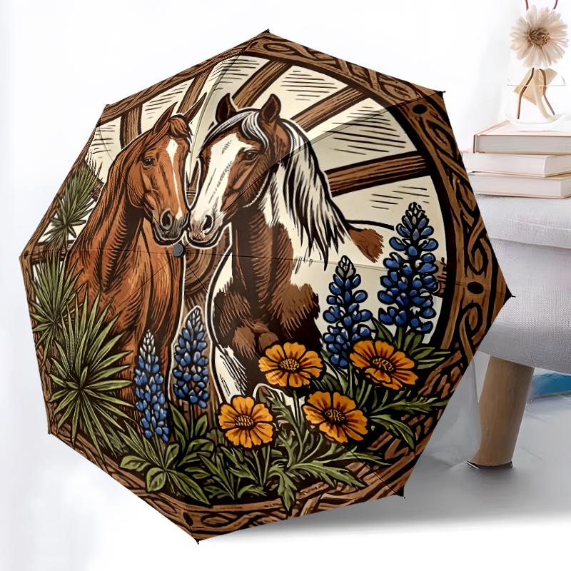 1pc Sturdy 8-Bone Auto Umbrella, Desert Floral Equine Horse Umbrella, Digital Printed, Foldable Umbrella for On-the-Go Outdoor Use