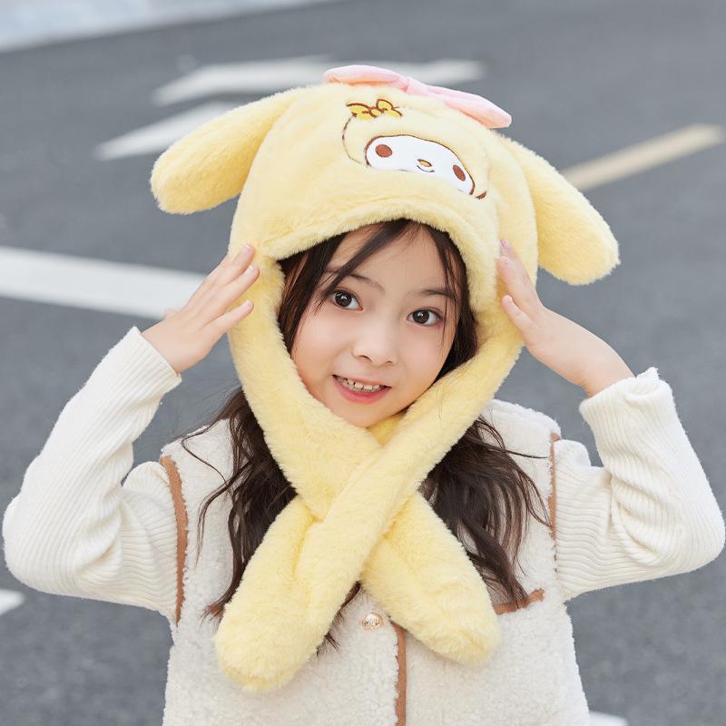 Ears Move Children's Hats Cartoon Cute Plush Ear Protectors Pullover Hat Winter Outdoor Warm Scarf Integrated Hat