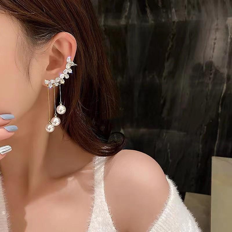 S925 Silver Zircon Tassel Earrings: Luxury Long Pearl Ear Clips for Women