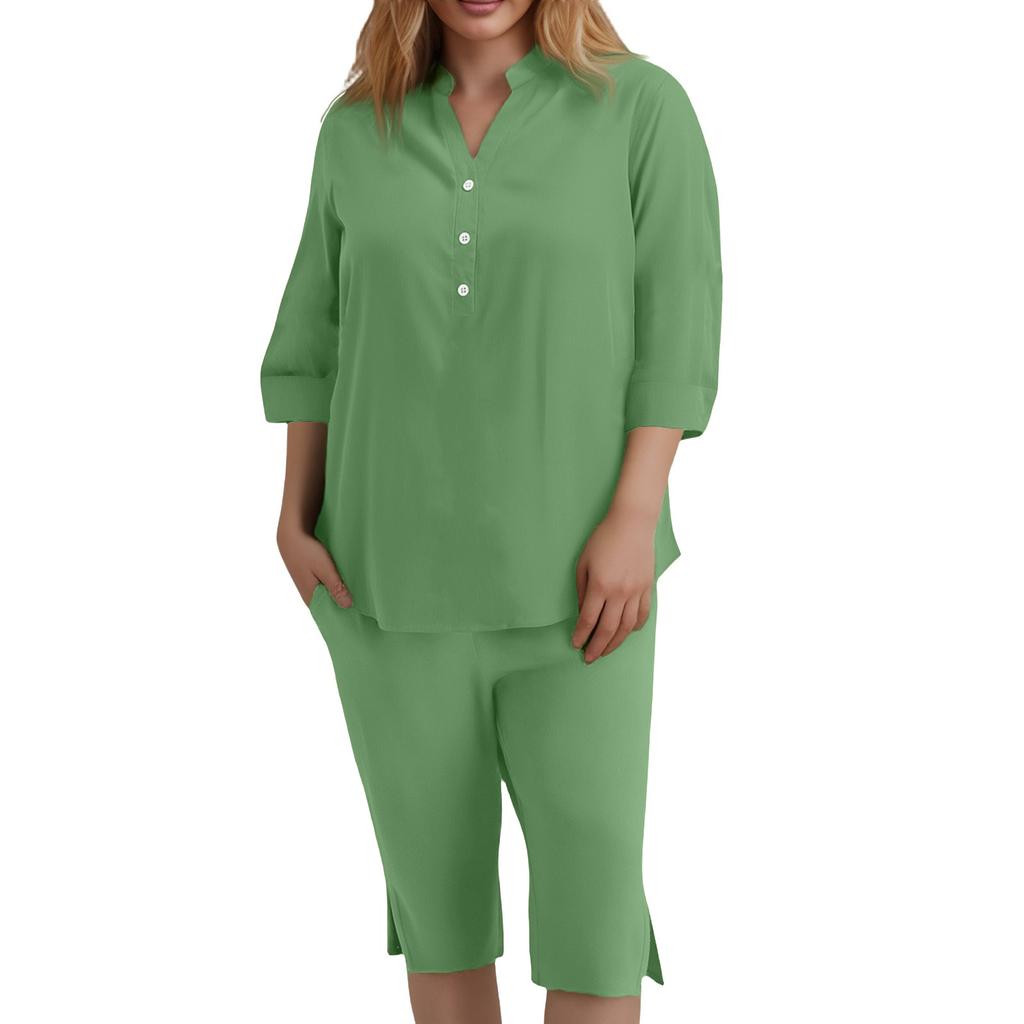 Women's Loose Fashion Color Cotton Linen Long Sleeve Button Up Top Shorts Set