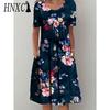 HNXC 30 Color Pleated Midi Dress Short Sleeve Round Neck Loose Hem Mid-Calf Length Women Floral A-Line Party Dress Casual Wear