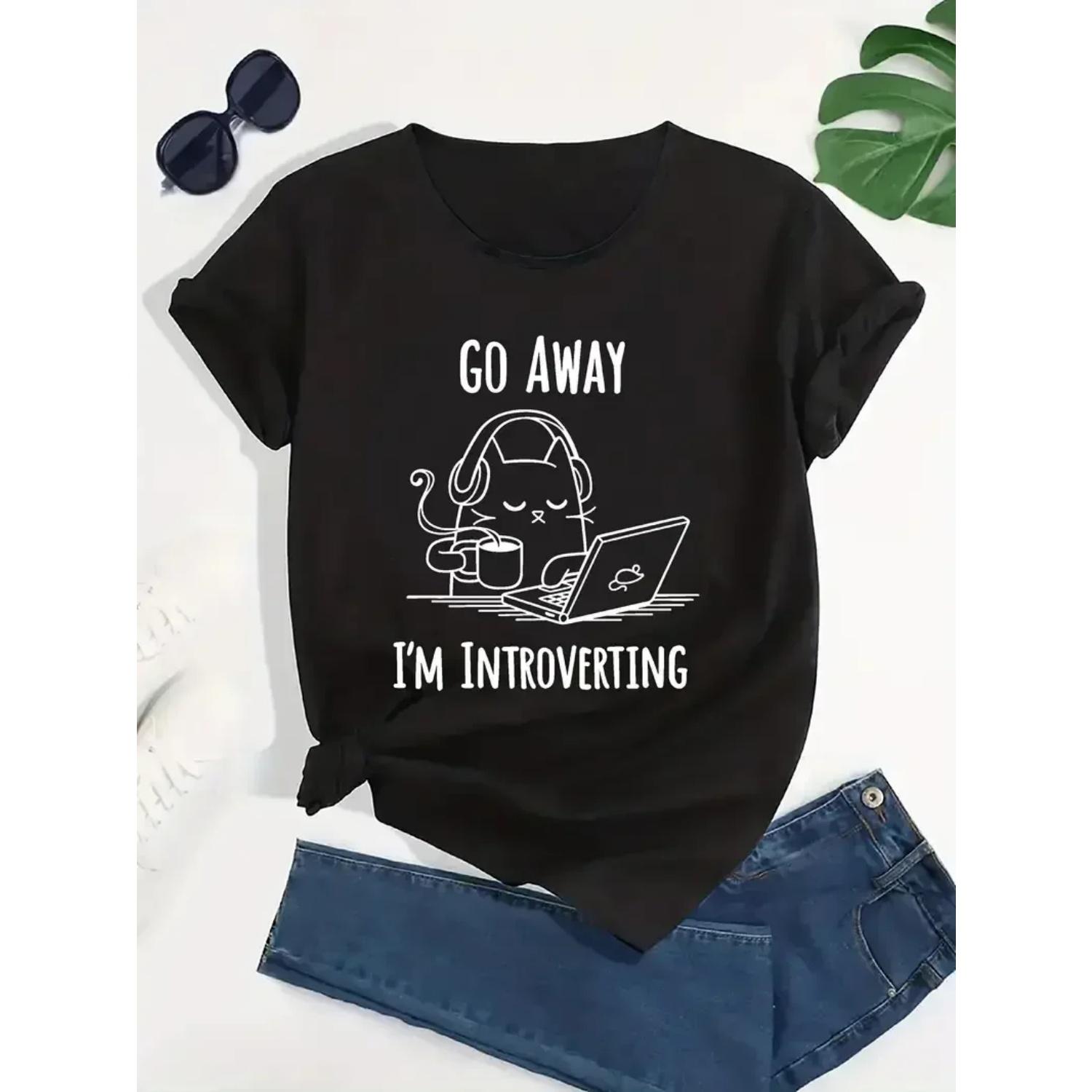 

Go Away Working Cat Graphic Print T-shirt Casual Short Sleeve Crew Neck Top Women s Clothing Kawaii Tee Shirt Y2k Top XXXXXL чорний