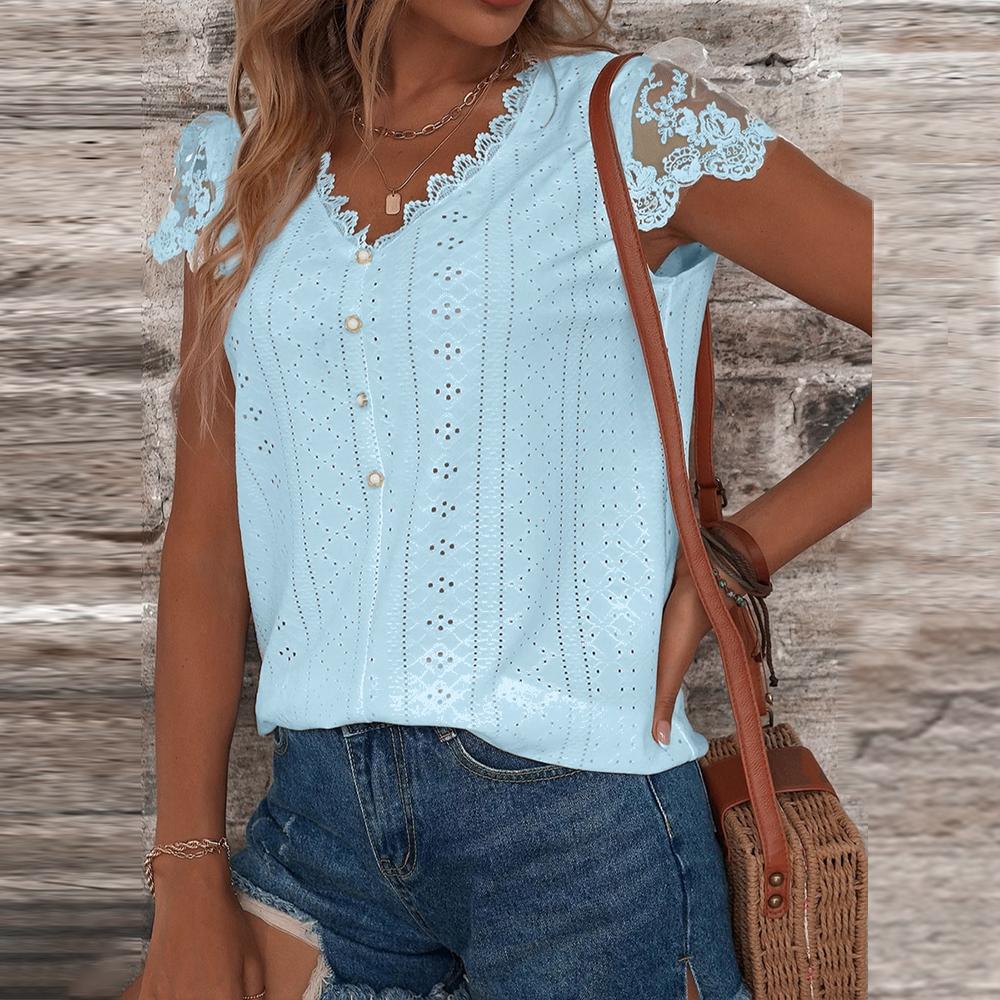 

Летние однотонные топы, элегантные женские кружевные ажурные футболки с V-образным вырезом и коротким рукавом, офисные женские пуловеры, базовые футболки, повседневная одежда XXL синий