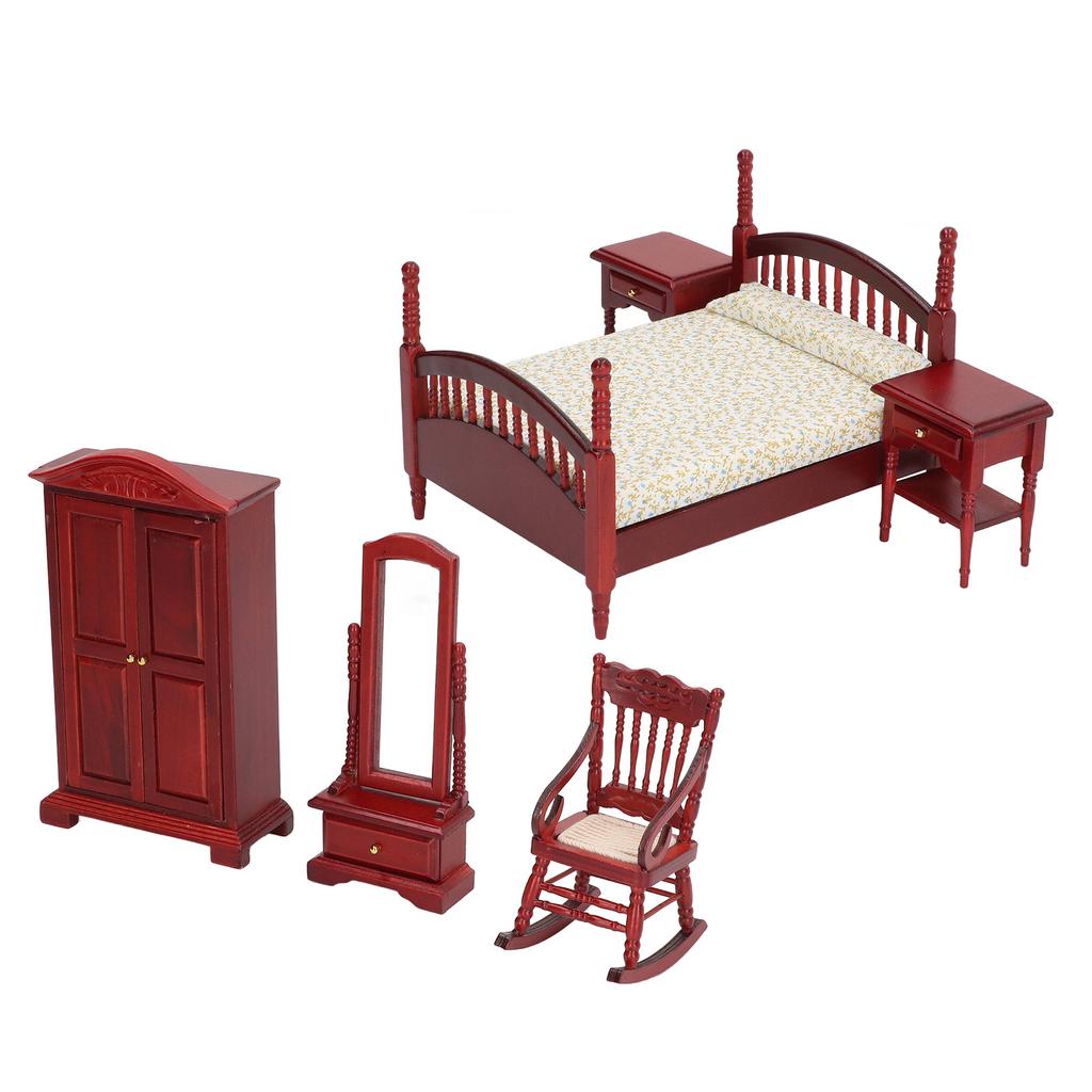 6Pcs Wooden Miniature Furniture Set Vintage Realistic Exquisite DIY Bedroom Furniture for 1:12 Doll