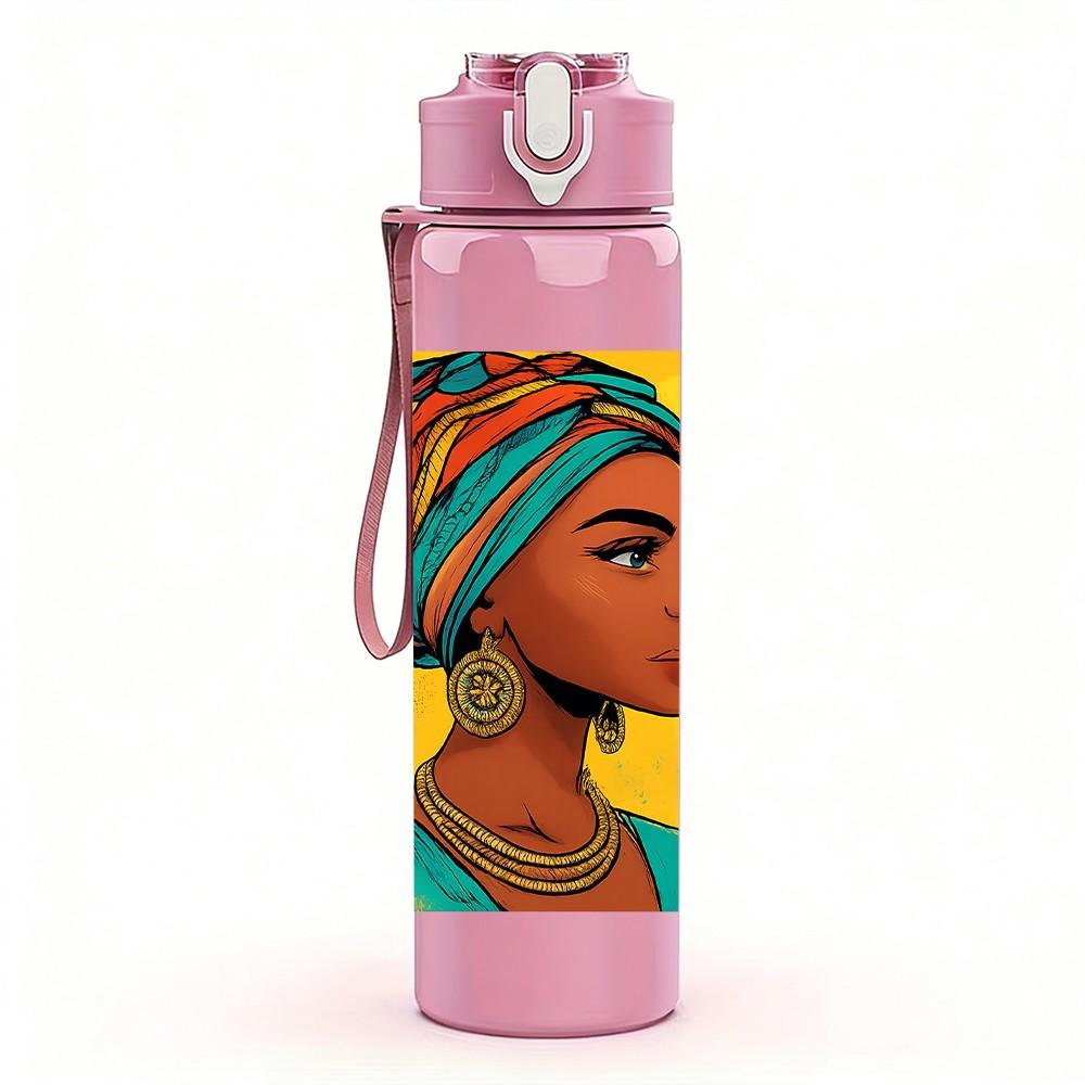 1PC African Girl Colorful Turban Print 750ml Color Plastic Sports Water Bottle Leakproof Flip Straw Lid Suitable for Sports Office Home Use