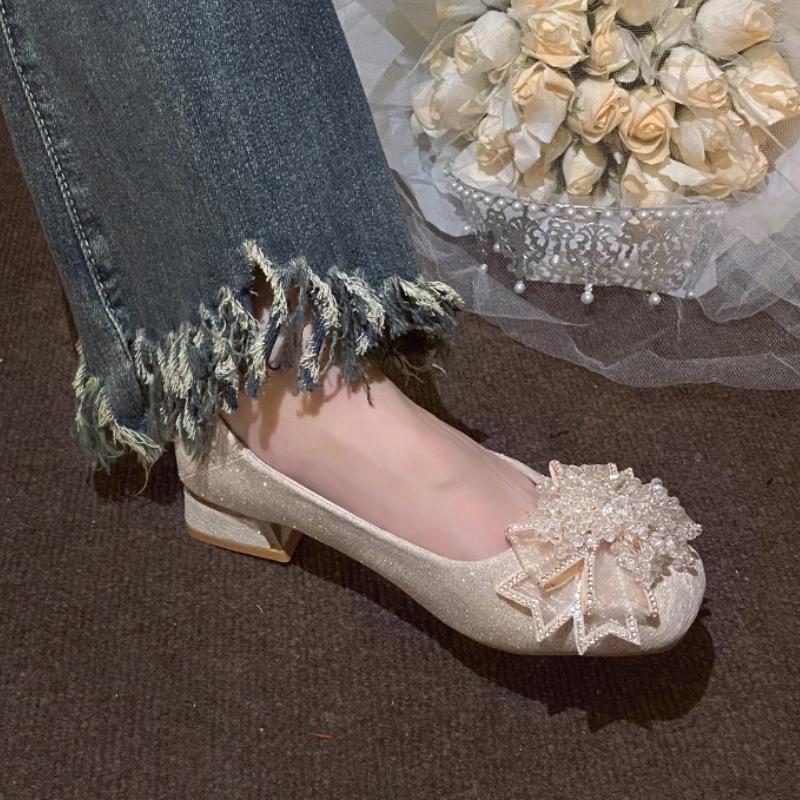 Luxury Beaded Women Heeled Shoes Elegant Square Toe Chunky Summer Sandals Designer 2025 New Woman Pumps Zapatillas Mujer