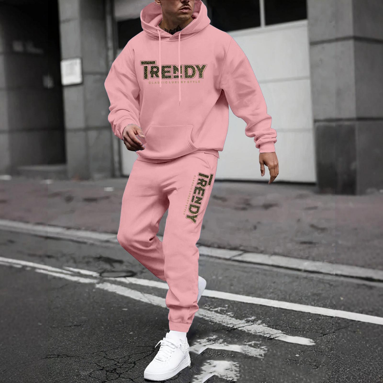 

Мужской повседневный однотонный свитшот с принтом букв, Мужской флисовый худи на шнурке и спортивные штаны, комплект из двух предметов XL розовый